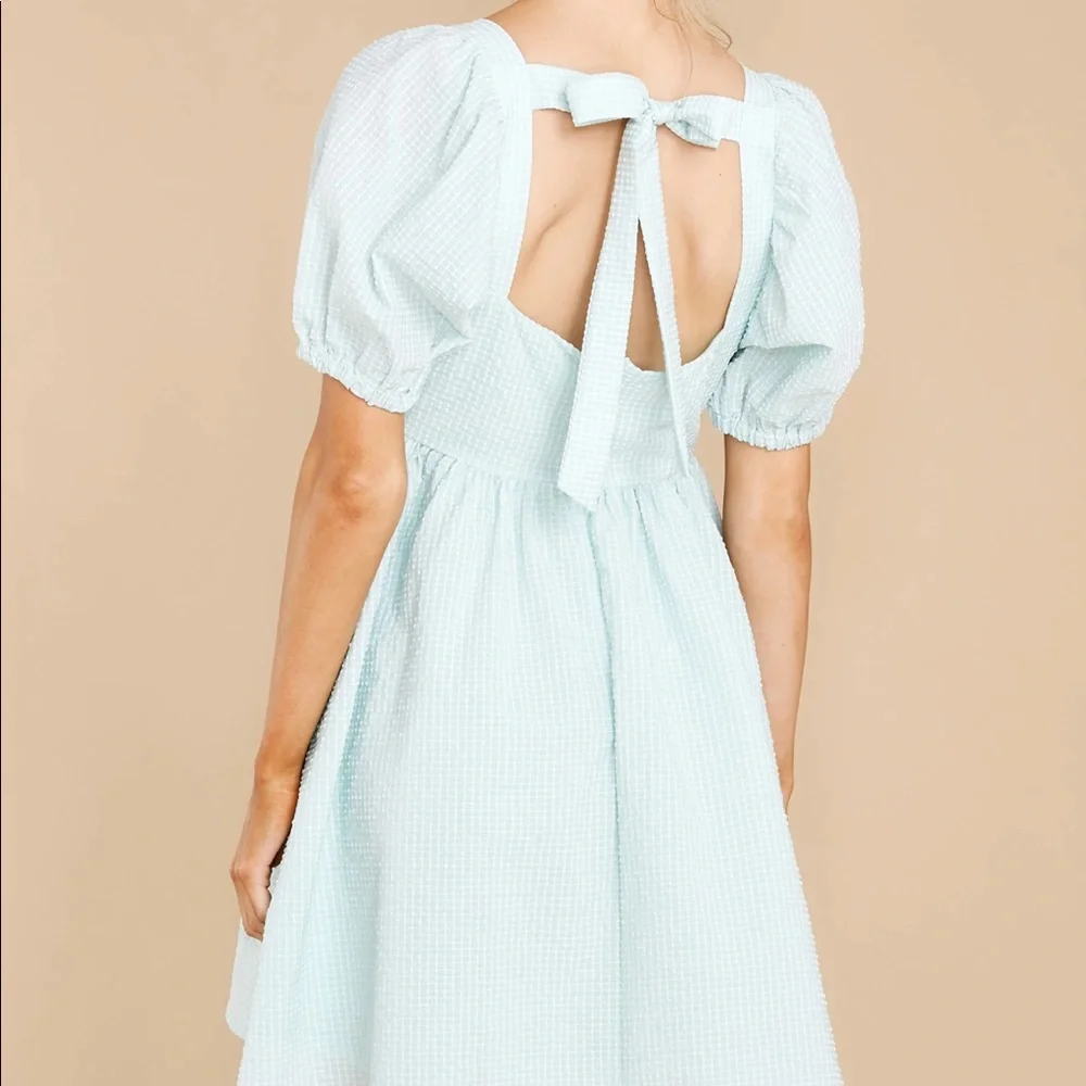 Square Neck Puff Sleeve Mini Dress in Light Mint - Picture 3 of 4